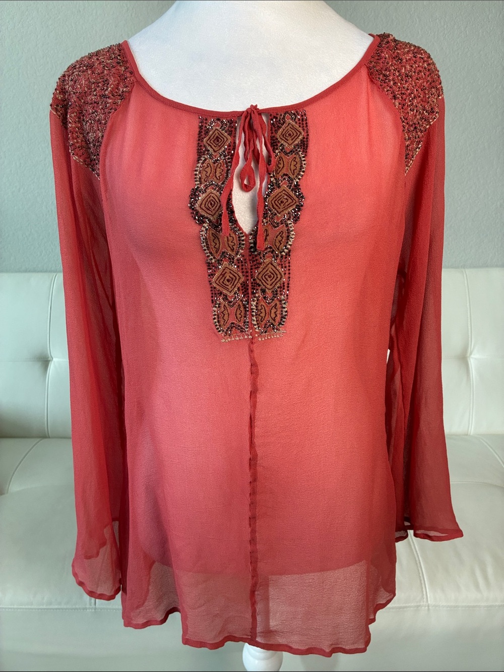 Anthropologie Saivana 100% Silk Embellished Rust Peasant Bohemian Blouse